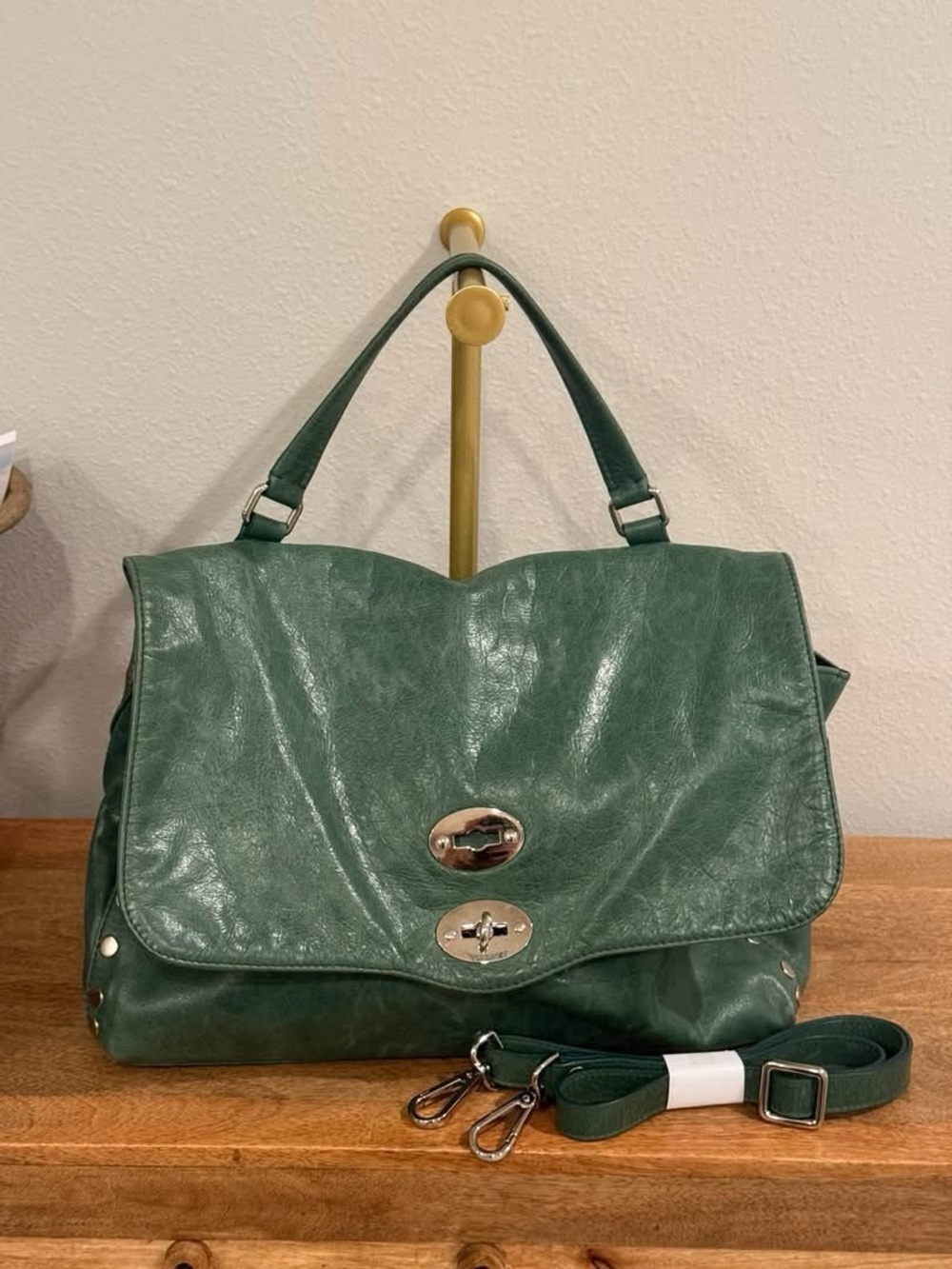 Authentic Zanellato Postina Green Leather Satchel with Detachable Strap